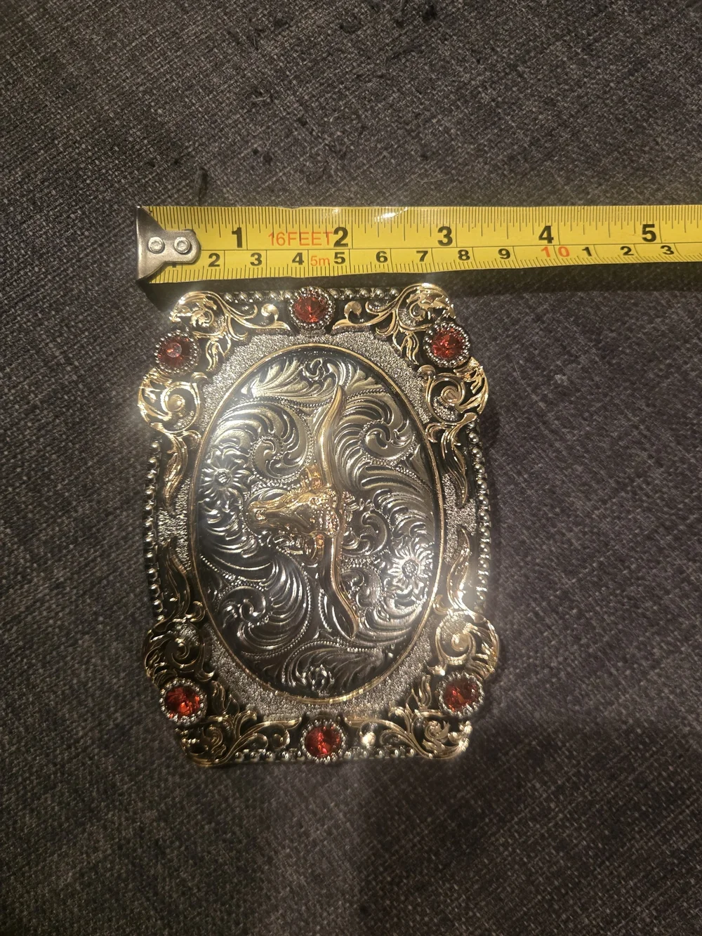 Western Belt Buckle - Longhorn with Red Stones